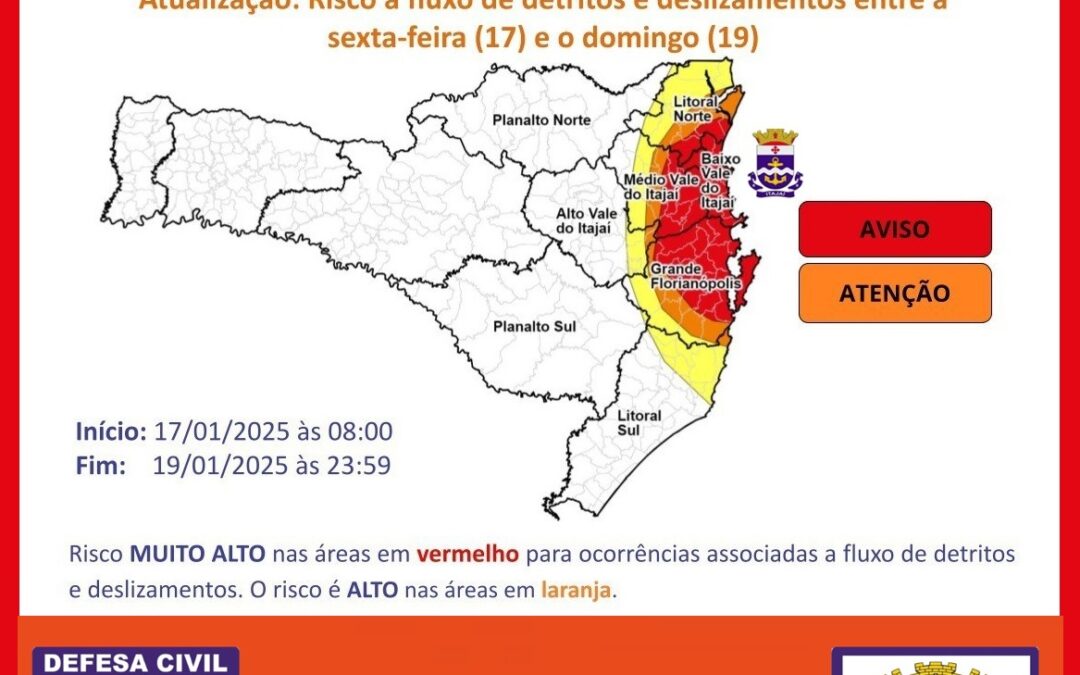 Defesa Civil alerta para risco muito alto de deslizamentos no Vale do Itajaí e Grande Florianópolis