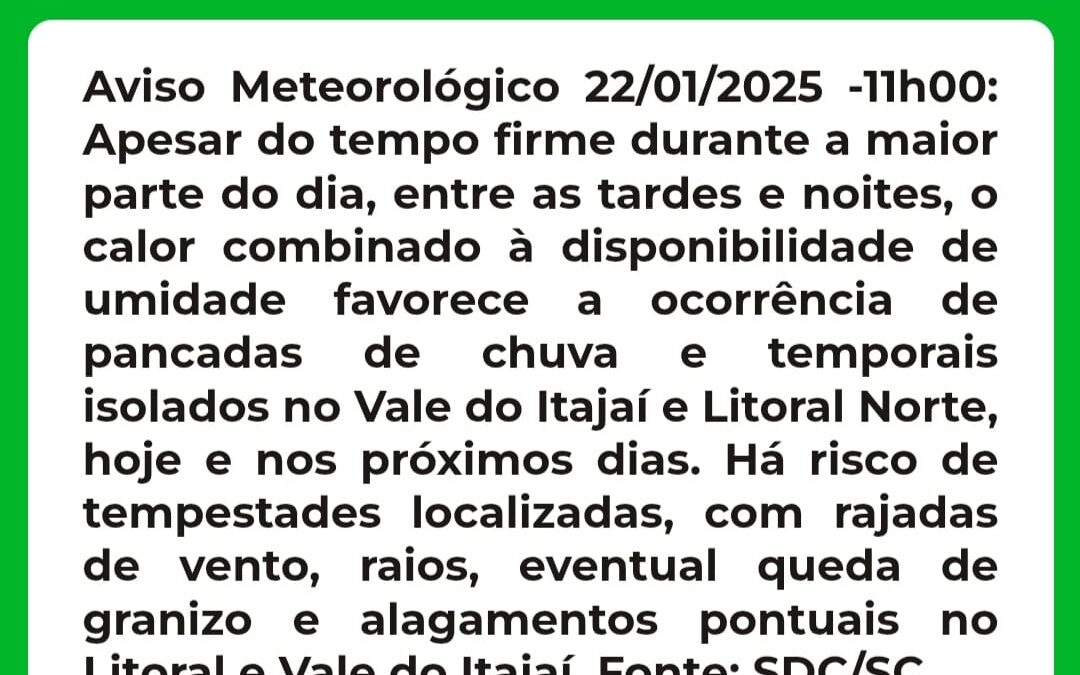 Itajaí em alerta: Previsão de temporais e pancadas de chuva isoladas deixam sinal de observação no município