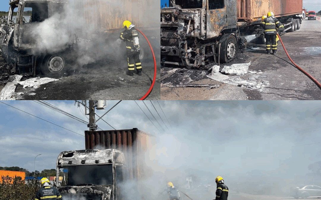 Cabine de caminhão pega fogo em Navegantes e mobiliza Corpo de Bombeiros