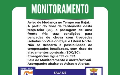 Frente fria avança e Defesa Civil emite alerta para risco de tempestades em Itajaí