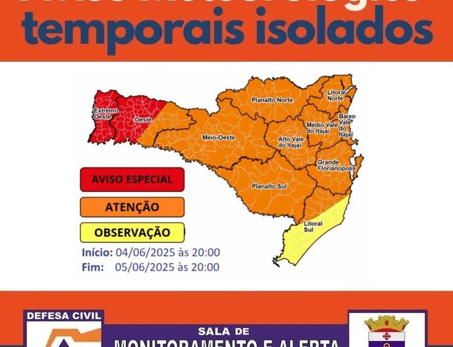 Defesa Civil alerta para temporais com vendaval, granizo e chuva intensa entre a tarde desta quarta (04) e a quinta-feira (05)