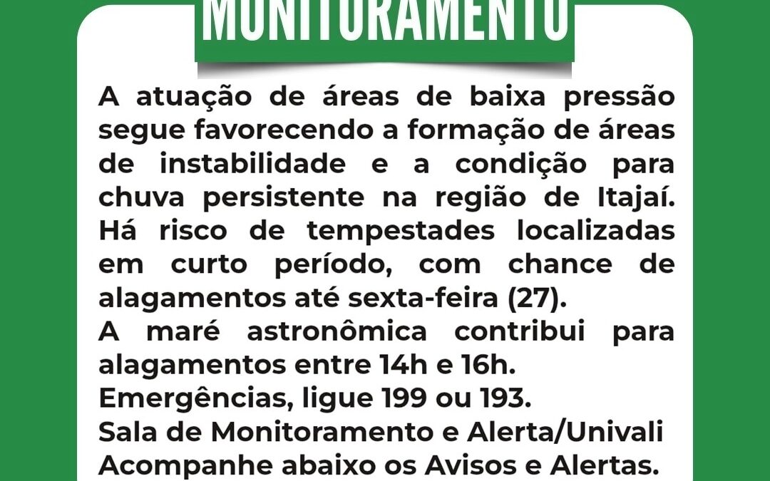 Instabilidade e risco de alagamentos colocam Itajaí em estado de atenção até sexta-feira