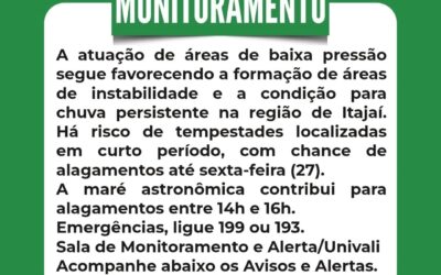 Instabilidade e risco de alagamentos colocam Itajaí em estado de atenção até sexta-feira