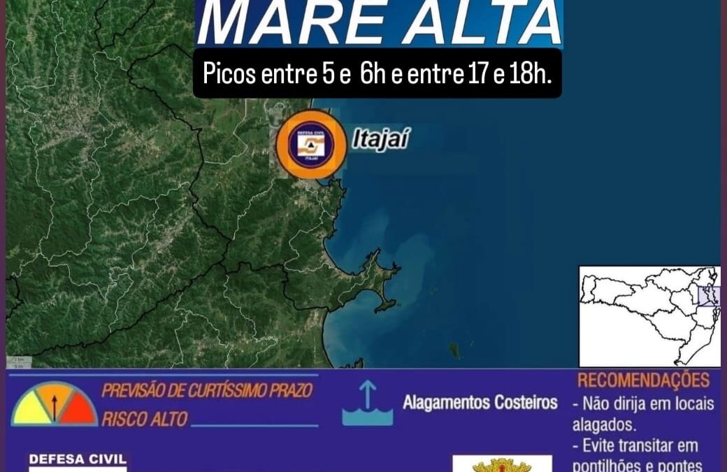 Segue o aviso de maré alta com alagamentos costeiros e ribeirinhos nos pontos mais baixos de Itajaí