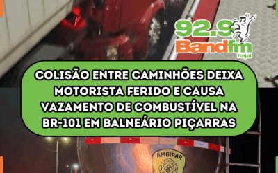 Colisão entre caminhões deixa motorista ferido e causa vazamento de combustível na BR-101 em Balneário Piçarras