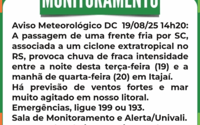 Frente fria traz chuva, ventos fortes e mar agitado para Itajaí