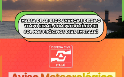 Massa de ar seco avança e deixa o tempo firme, com predomínios de sol nos próximos dias em Itajaí
