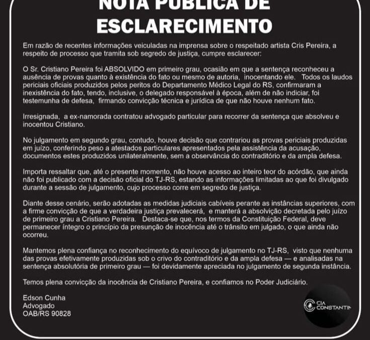 Após repercussão, assessoria do humorista Cristiano Pereira da Silva divulga nota pública de esclarecimento sobre o caso
