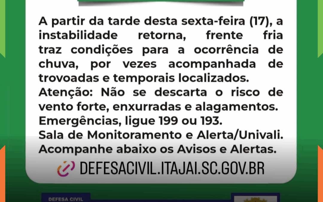 Frente fria traz risco de temporais e alagamentos em Itajaí nesta sexta-feira (17)