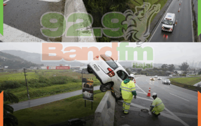 Carro fica pendurado em mureta após motorista se perder no Morro do Boi, na BR-101