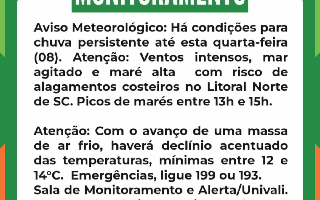 ITAJAÍ EM ALERTA: Chuva persistente, ventos fortes e maré alta colocam litoral em atenção até quarta-feira (08)