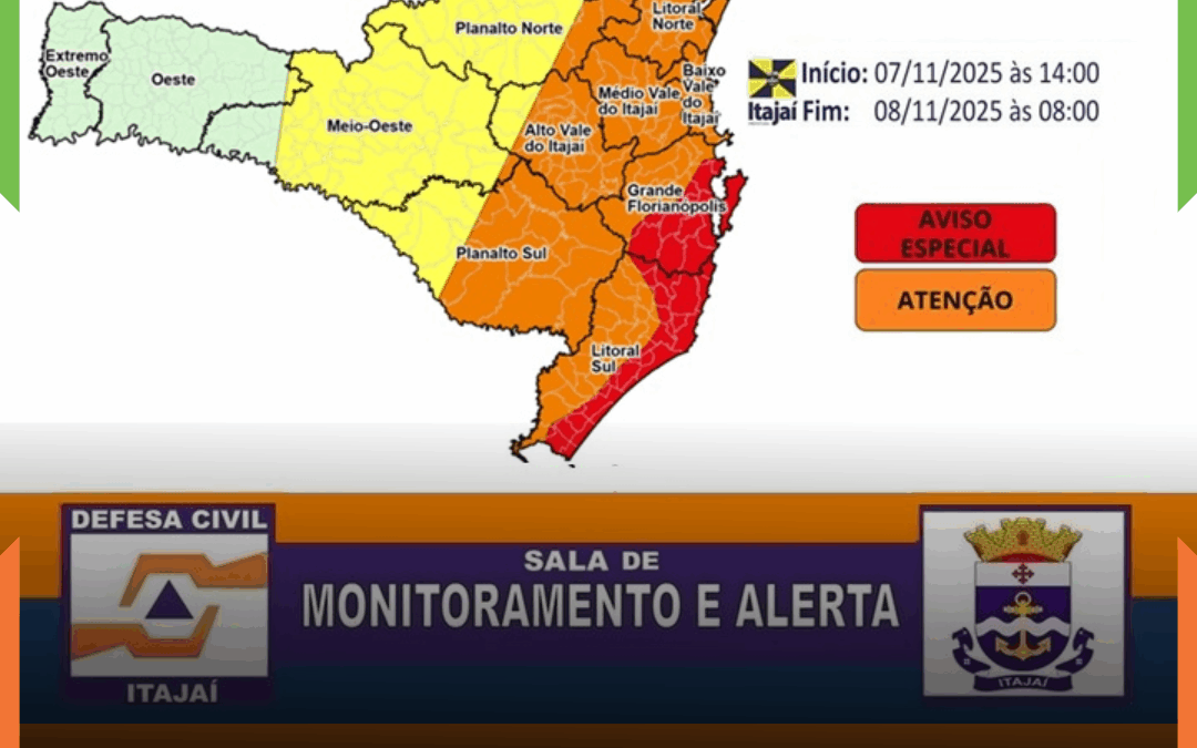 Defesa Civil de Itajaí emite alerta para temporais com ventos acima de 80 km/h em SC