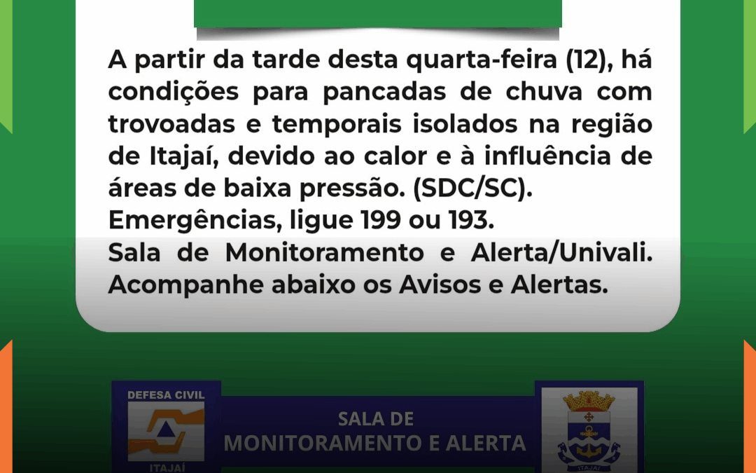 Defesa Civil de Itajaí emite alerta para temporais nesta quarta-feira (12)