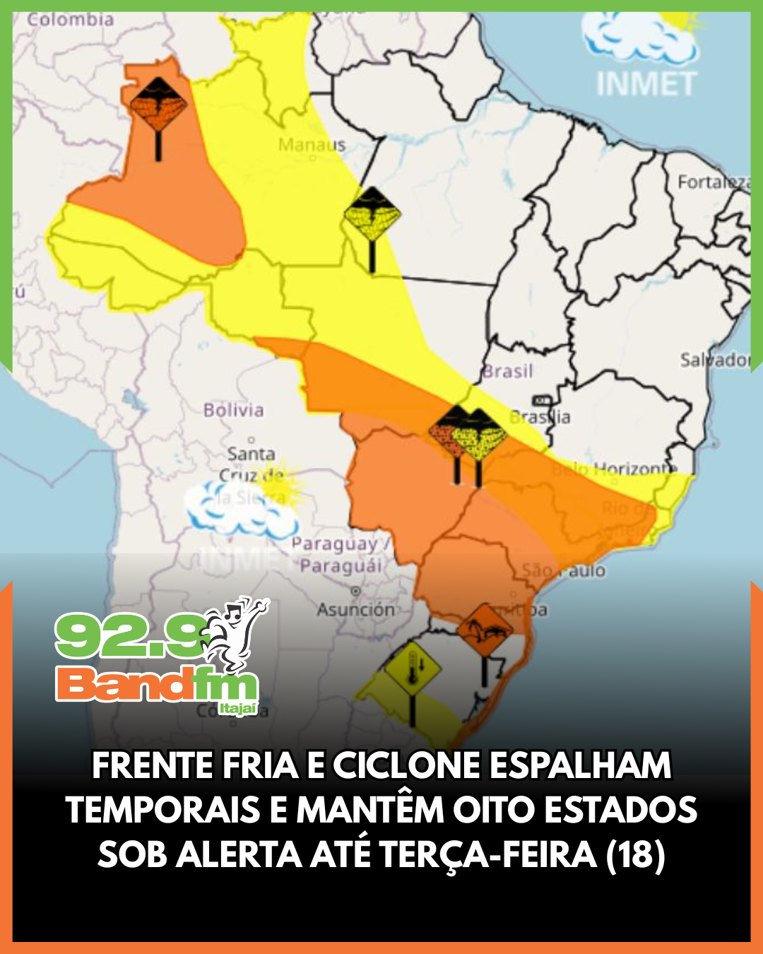 Frente fria e ciclone espalham temporais e mantêm oito estados sob alerta até terça-feira (18); SC entre os alvos