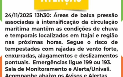 Itajaí entra em estado de Atenção com risco de temporais e alagamentos na região litorânea norte