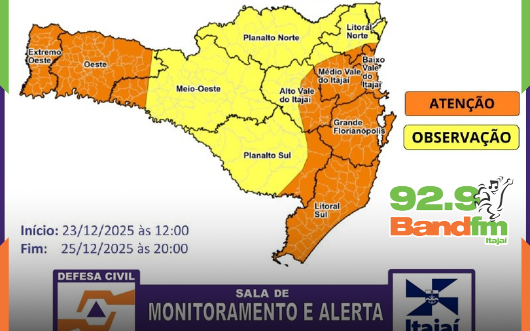 Defesa Civil emite alerta para temporais intensos em Santa Catarina entre terça (23) e quinta-feira (25)