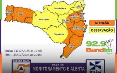Defesa Civil emite alerta para temporais intensos em Santa Catarina entre terça (23) e quinta-feira (25)