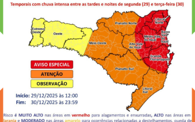 Temporais com chuva intensa entre as tardes e noites de segunda (29) e terça-feira (30)