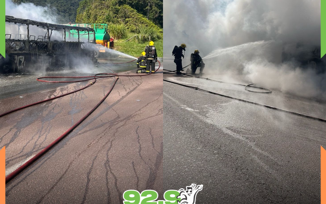 Ônibus é destruído por incêndio na BR-376 e mobiliza bombeiros por mais de uma hora