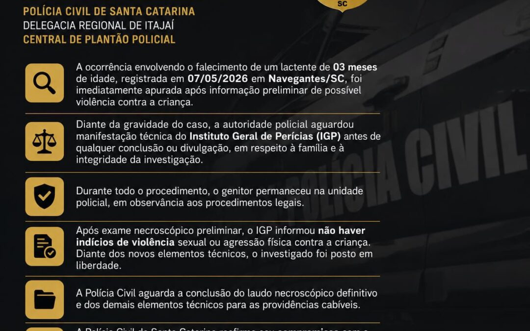 POLÍCIA CIVIL DESCARTA VIOLÊNCIA EM MORTE DE BEBÊ DE 3 MESES EM NAVEGANTES